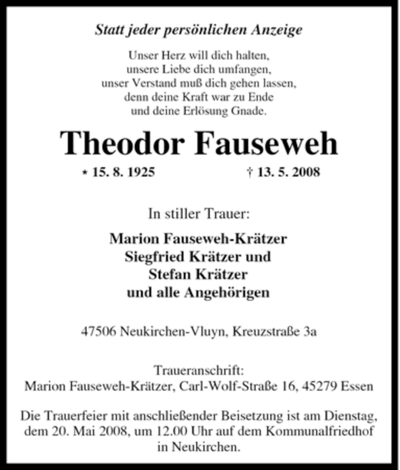  Traueranzeige für Theodor Fauseweh vom 16.05.2008 aus Tageszeitung