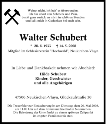 Traueranzeige von Walter Schubert von Tageszeitung