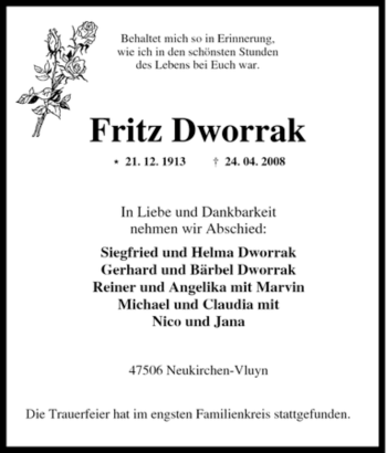 Traueranzeige von Fritz Dworrak von Tageszeitung