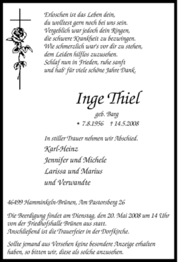 Traueranzeige von Inge Thiel von Tageszeitung