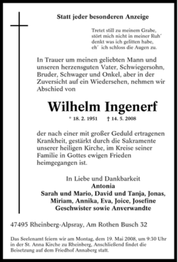 Traueranzeige von Wilhelm Ingenerf von Tageszeitung