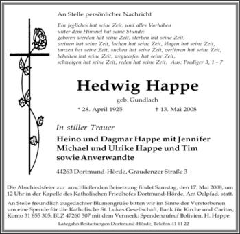 Traueranzeige von Hedwig Happe von Tageszeitung