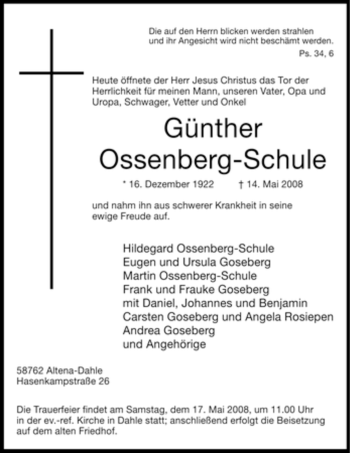 Traueranzeige von Günther Ossenberg-Schule von Tageszeitung