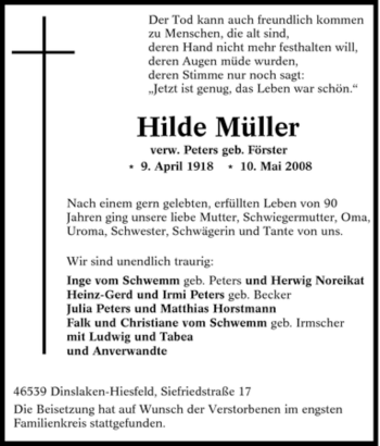 Traueranzeige von Hilde Müller von Tageszeitung