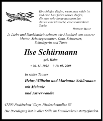 Traueranzeige von Ilse Schürmann von Tageszeitung