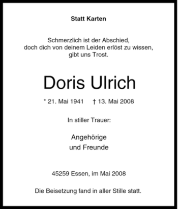 Traueranzeige von Doris Ulrich von Tageszeitung