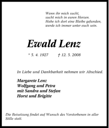 Traueranzeige von Ewald Lenz von Tageszeitung