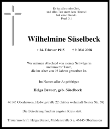 Traueranzeige von Wilhelmine Süselbeck von Tageszeitung
