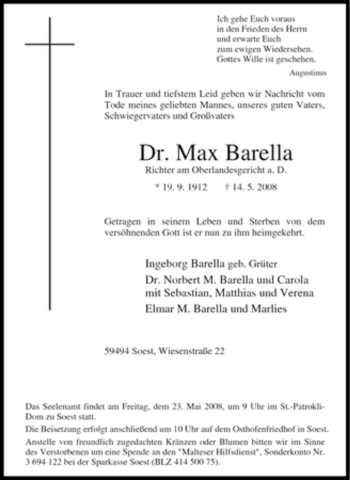 Traueranzeige von Max Barella von Tageszeitung