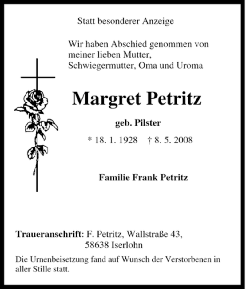  Traueranzeige für Margret Petritz vom 17.05.2008 aus Tageszeitung