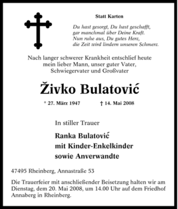 Traueranzeige von Zivko Bulatovic von Tageszeitung