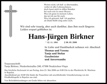 Traueranzeige von Hans-Jürgen Birkner von Tageszeitung
