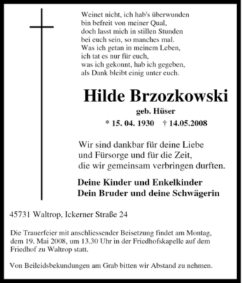 Traueranzeige von Hilde Brzozkowski von Tageszeitung