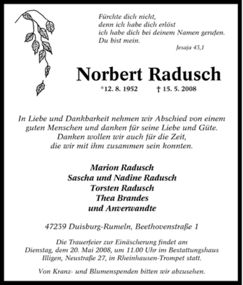  Traueranzeige für Norbert Radusch vom 17.05.2008 aus Tageszeitung