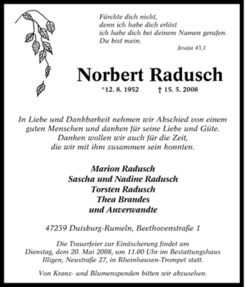 Traueranzeige von Norbert Radusch von Tageszeitung