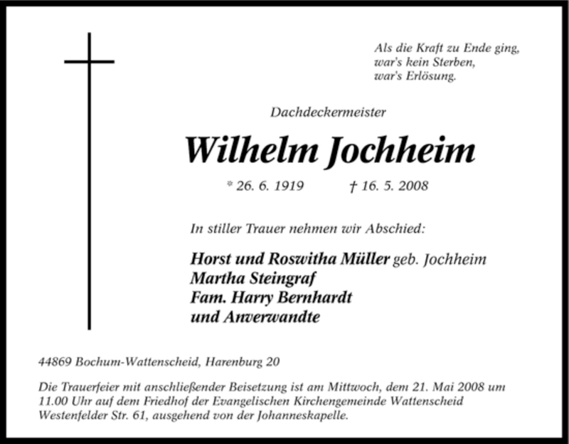  Traueranzeige für Wilhelm Jochheim vom 17.05.2008 aus Tageszeitung