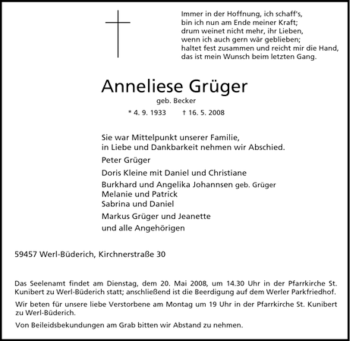 Traueranzeige von Anneliese Grüger von Tageszeitung