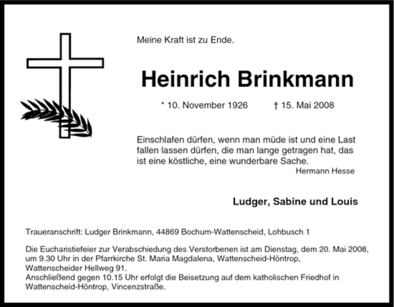  Traueranzeige für Heinrich Brinkmann vom 17.05.2008 aus Tageszeitung
