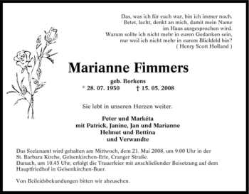 Traueranzeige von Marianne Fimmers von Tageszeitung