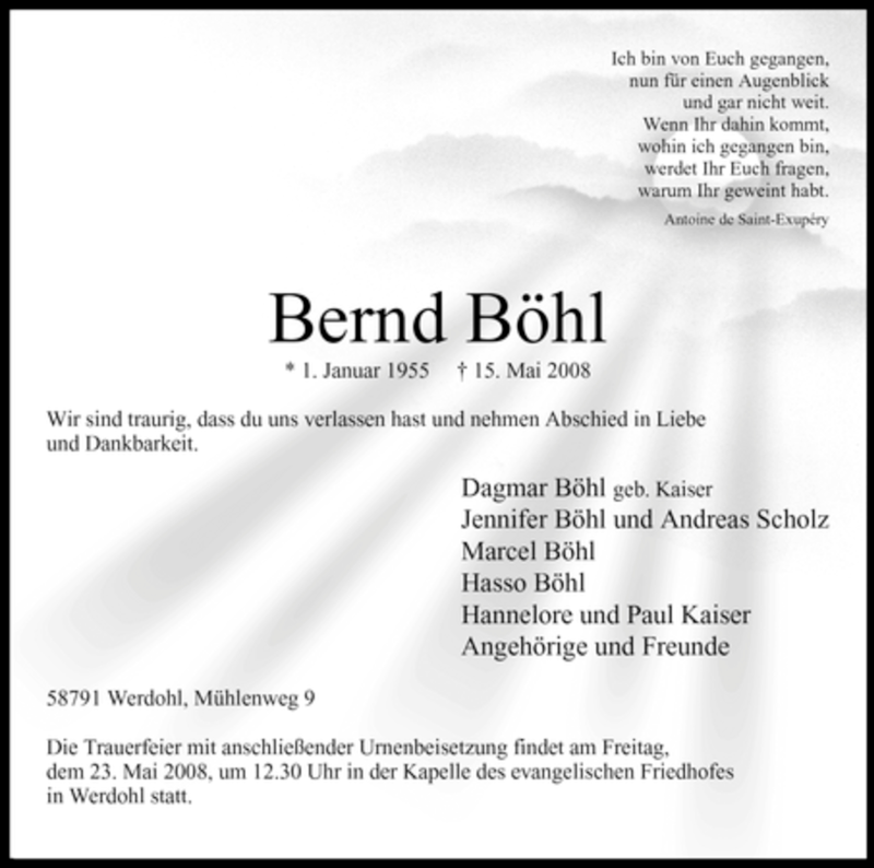  Traueranzeige für Bernd Böhl vom 17.05.2008 aus Tageszeitung