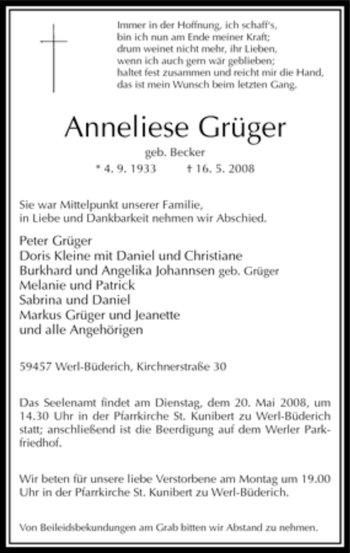 Traueranzeige von Anneliese Grüger von Tageszeitung