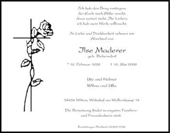 Traueranzeige von Ilse Maderer von Tageszeitung