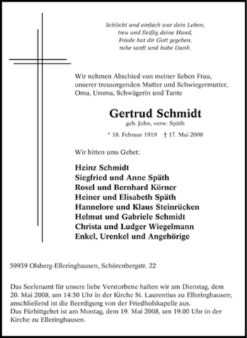 Traueranzeige von Gertrud Schmidt von Tageszeitung