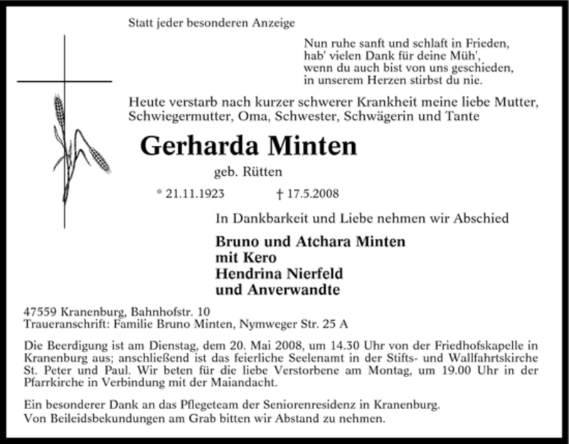  Traueranzeige für Gerharda Minten vom 19.05.2008 aus Tageszeitung