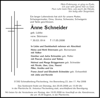 Traueranzeige von Änne Schneider von Tageszeitung