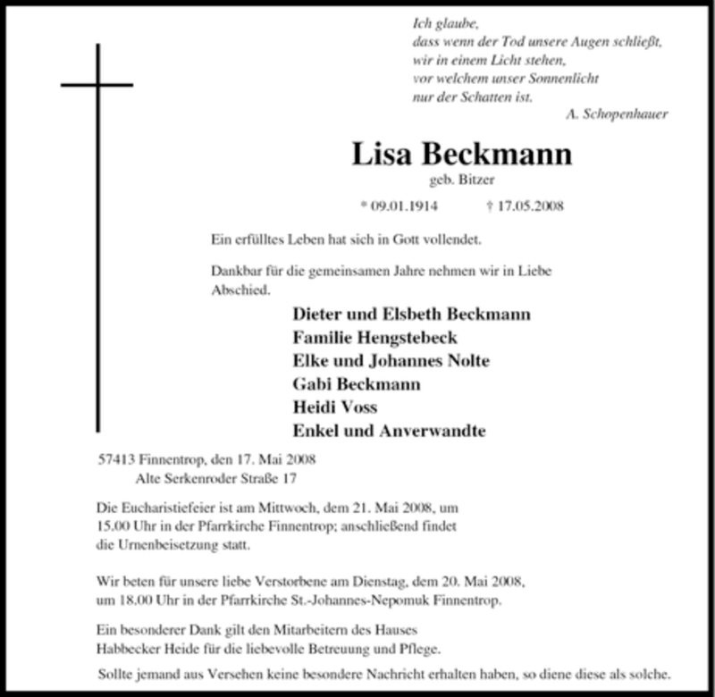  Traueranzeige für Lisa Beckmann vom 19.05.2008 aus Tageszeitung