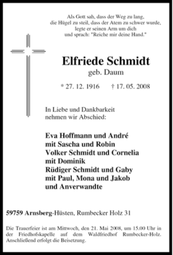 Traueranzeige von Elfriede Schmidt von Tageszeitung