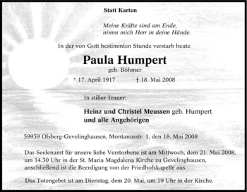 Traueranzeige von Paula Humpert von Tageszeitung