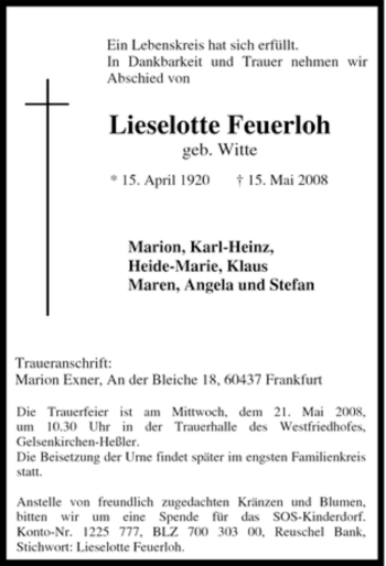 Traueranzeige von Lieselotte Feuerloh von Tageszeitung