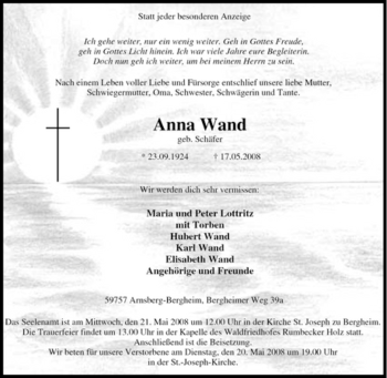 Traueranzeige von Anna Wand von Tageszeitung