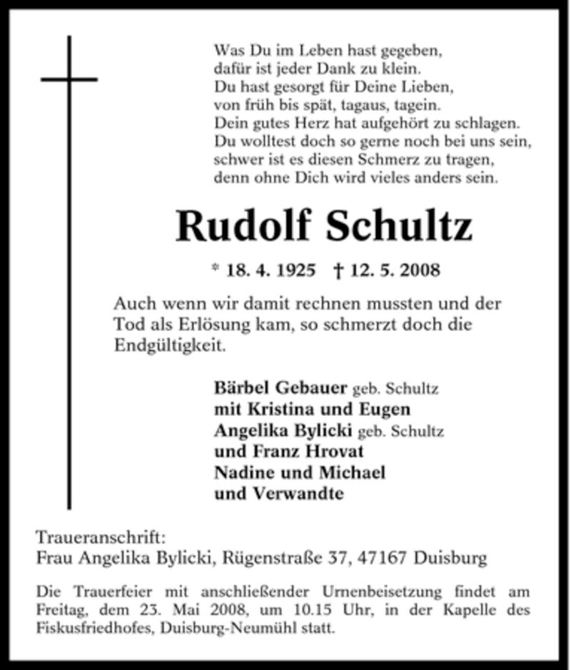 Traueranzeigen Von Rudolf Schultz | Trauer-in-NRW.de