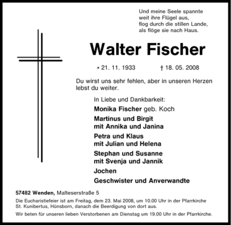  Traueranzeige für Walter Fischer vom 20.05.2008 aus Tageszeitung