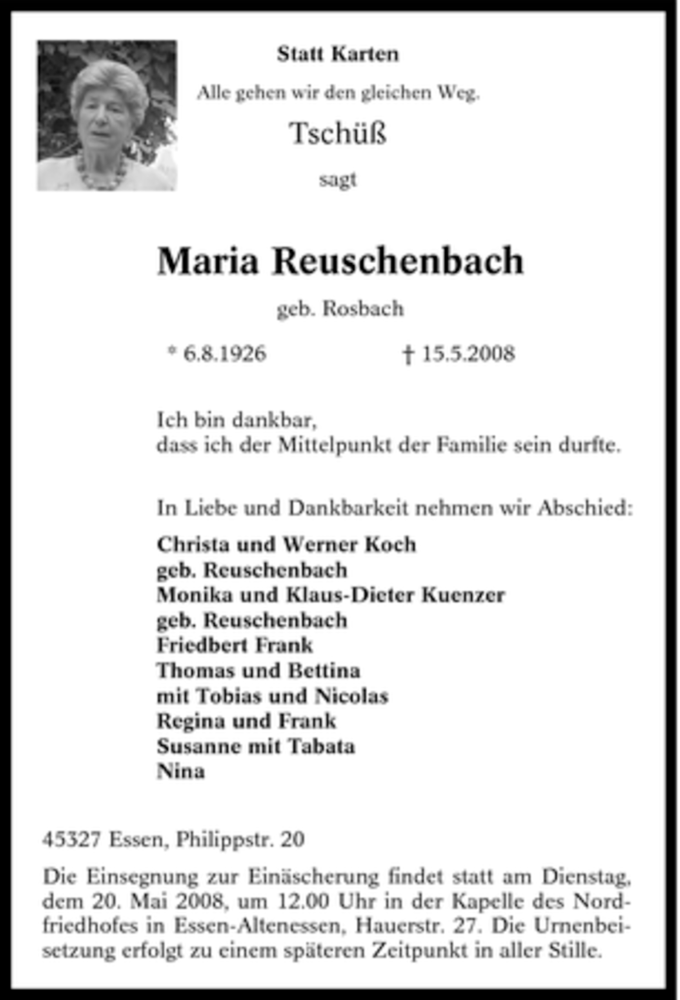  Traueranzeige für Maria Reuschenbach vom 20.05.2008 aus Tageszeitung
