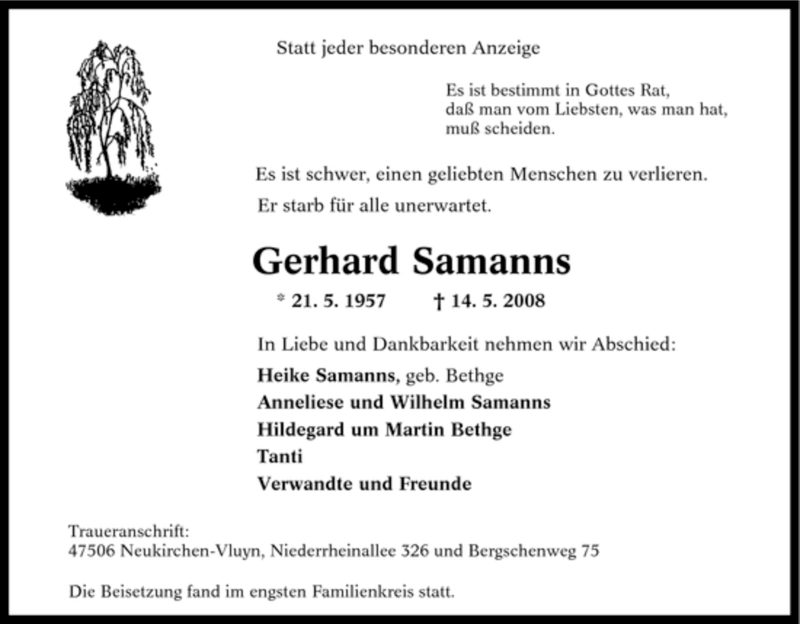  Traueranzeige für Gerhard Samanns vom 20.05.2008 aus Tageszeitung