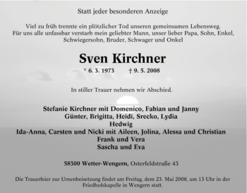Traueranzeige von Sven Kirchner von Tageszeitung