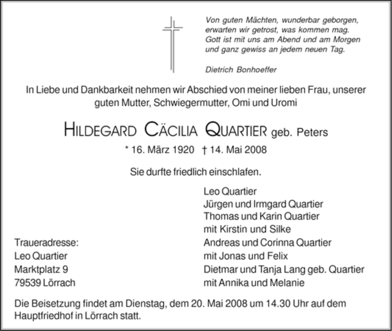  Traueranzeige für Hildegard Cäcilia Quartier vom 20.05.2008 aus Tageszeitung