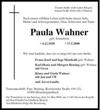 Traueranzeige von Paula Wahner von Tageszeitung