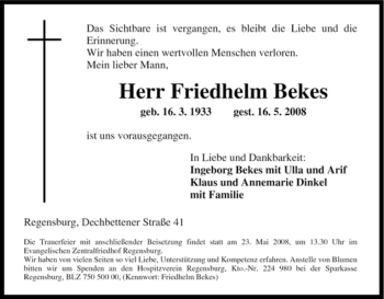 Traueranzeige von Friedhelm Bekes von Tageszeitung