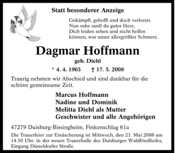 Traueranzeige von Dagmar Hoffmann von Tageszeitung