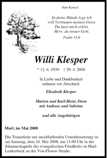 Traueranzeige von Willi Klesper von Tageszeitung