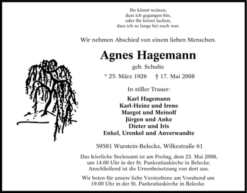  Traueranzeige für Agnes Hagemann vom 20.05.2008 aus Tageszeitung