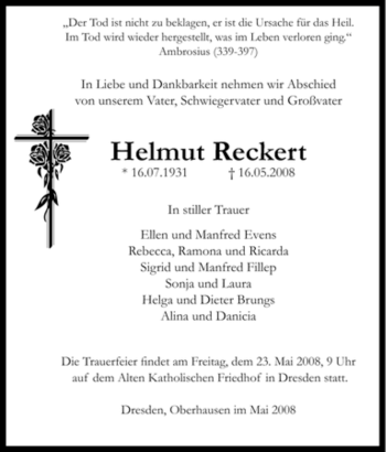Traueranzeige von Helmut Reckert von Tageszeitung