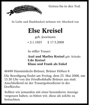 Traueranzeige von Else Kreisel von Tageszeitung
