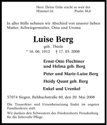 Traueranzeige von Luise Berg von Tageszeitung