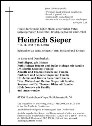 Traueranzeige von Heinrich Sieper von Tageszeitung