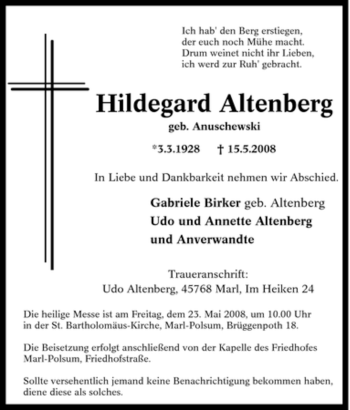 Traueranzeige von Hildegard Altenberg von Tageszeitung